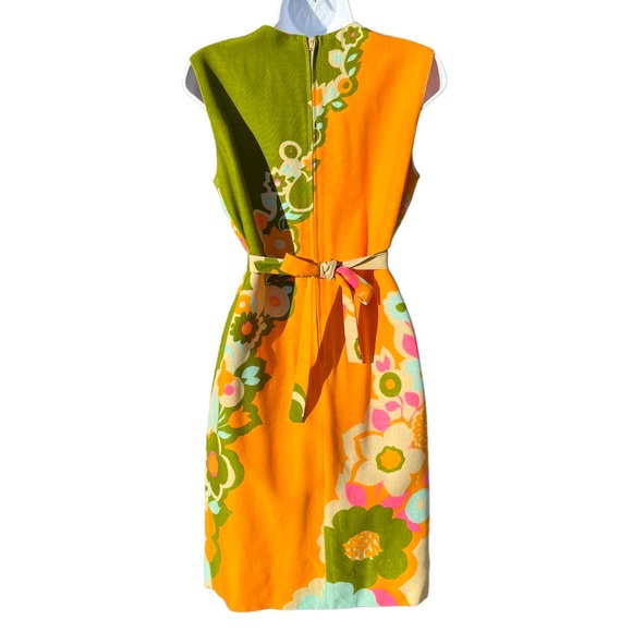 Vintage 60s Mod Floral Woven Shift Sheath Dress Tan Orange Green Pink - Picture 7 of 16